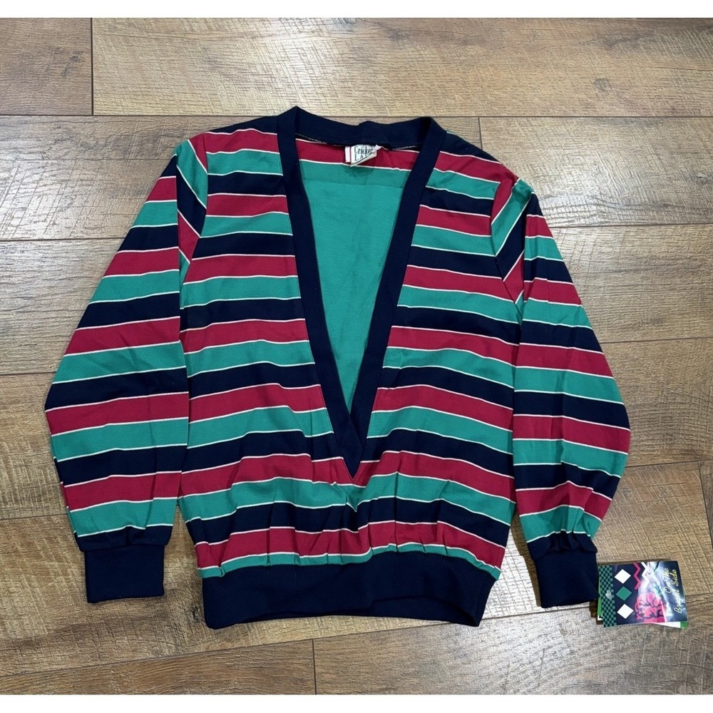 NWT Vintage 80s Cricket Lane Deep Fake V Neck Striped Sweater‎ Small Green Multi